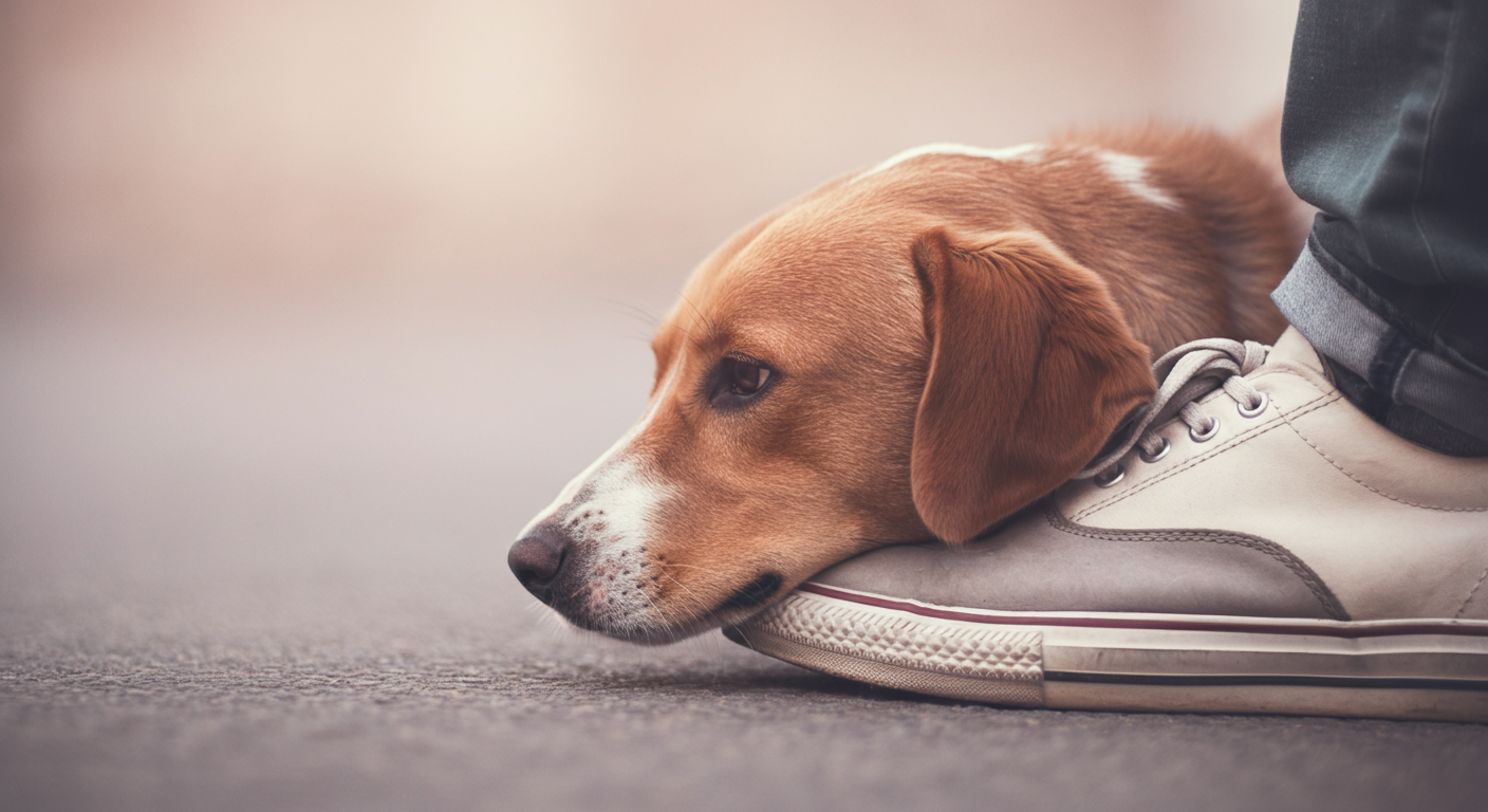 飼い主の足元に、犬が安心したようにそっと顔を乗せているクローズアップ写真。