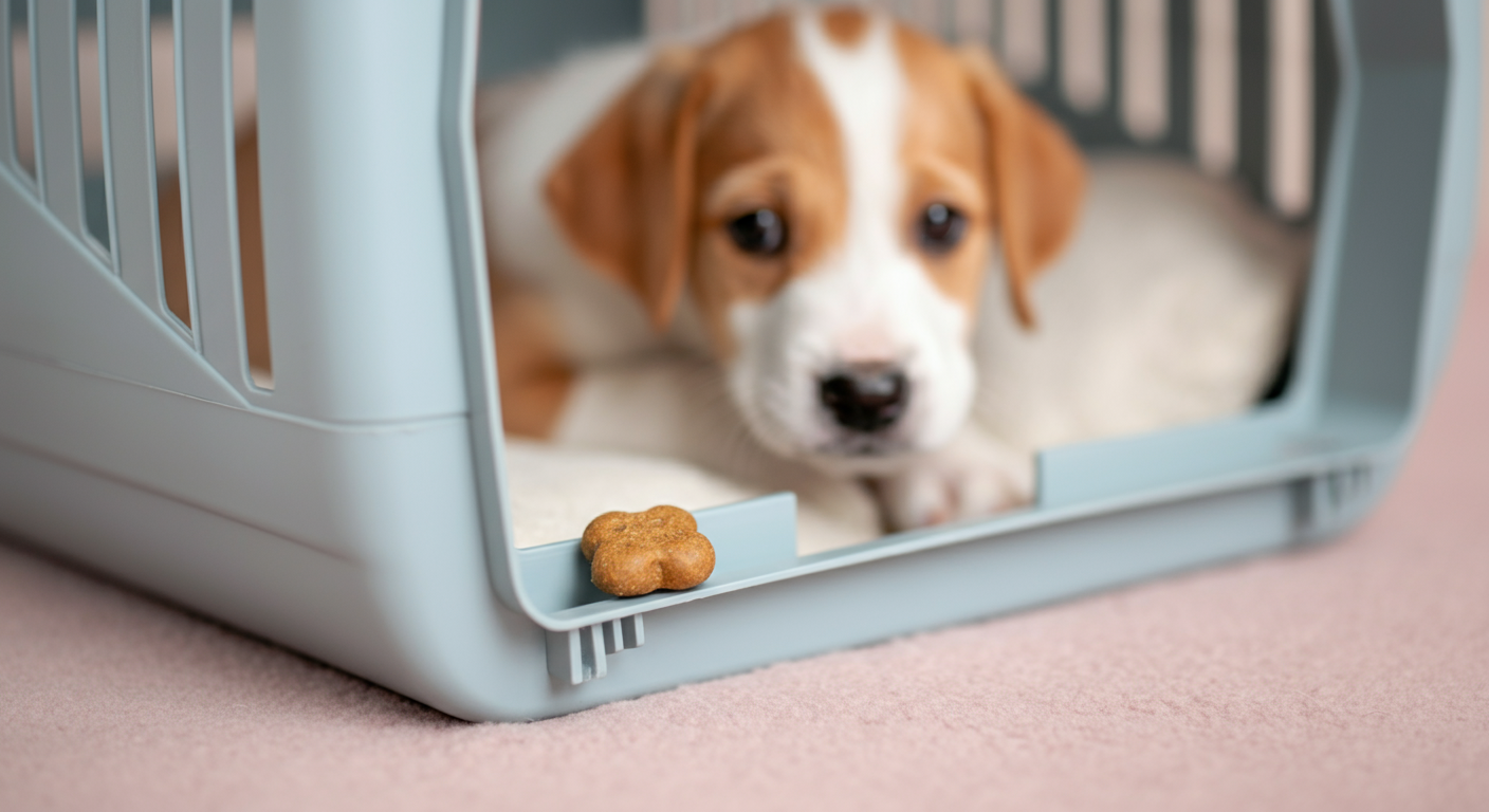 パステルカラーのクレートの入り口に置かれた一つのおやつ。手前にはぼやけた子犬の鼻先が見える。
