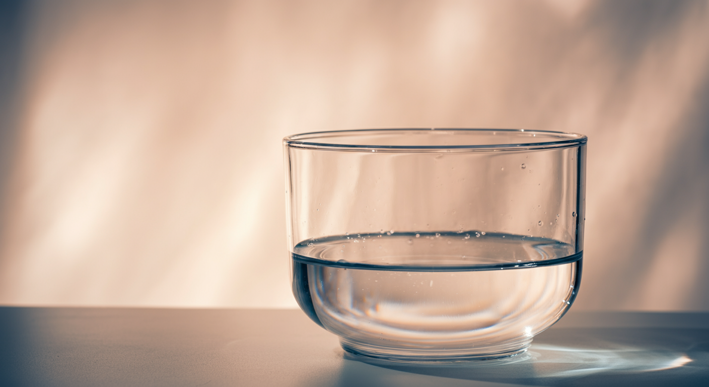 シンプルで重厚なガラス製の水飲みボウルのクローズアップ。素材の透明感と水の純粋さが際立っている。