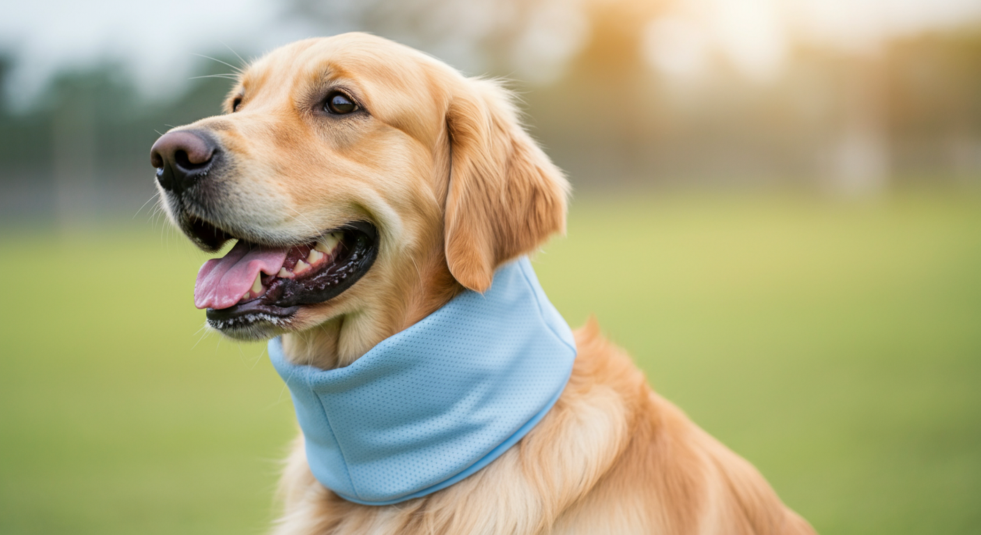 パステルブルーのクールネックをつけたゴールデンレトリバーの首元のクローズアップ。背景はドッグランの芝生がぼけている。