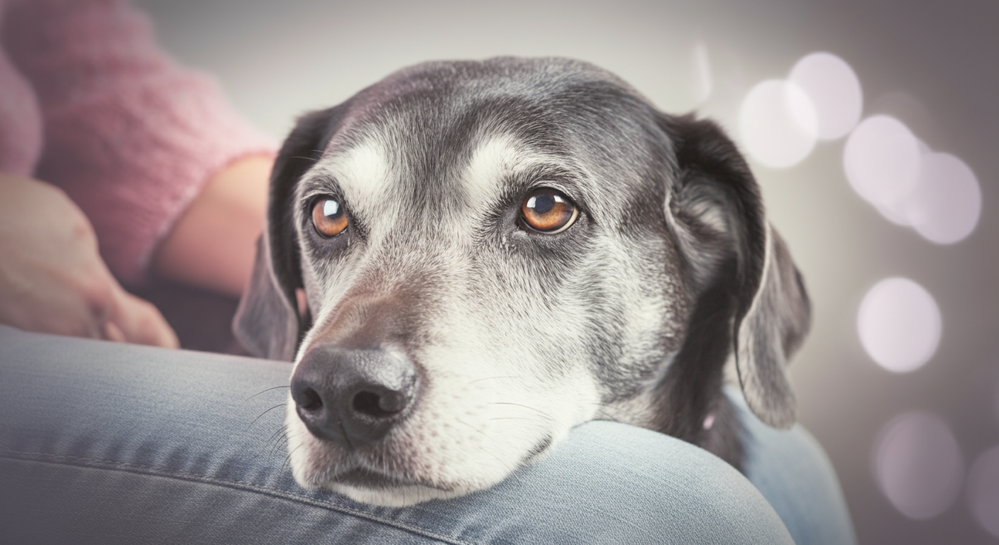 パステルカラーのミニマルな空間で、飼い主の膝に優しく頭を乗せている白髪混じりのシニア犬の顔のアップ。