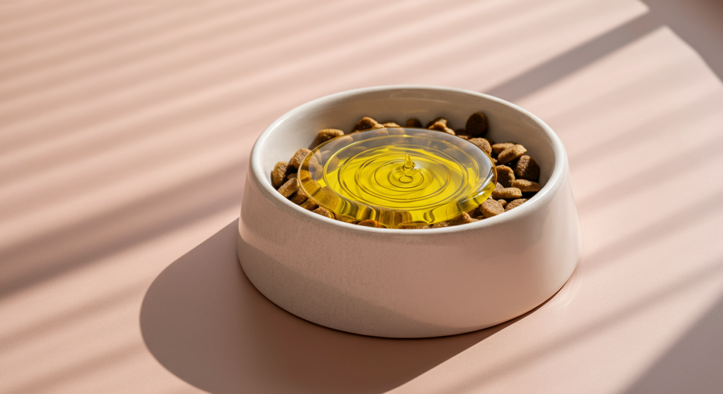 ドッグフードが入った白いボウルに、渦を描くようにかけられたサーモンオイル。