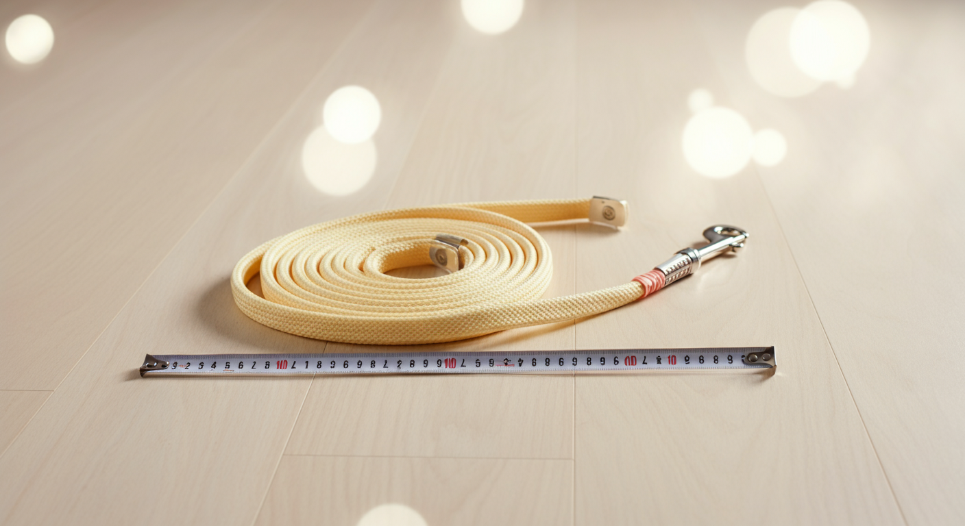 明るい色の木の床の上に、きれいに巻かれた10mのパステルイエローのロングリード。その隣にはメジャーが置かれ、長さの概念を強調している。