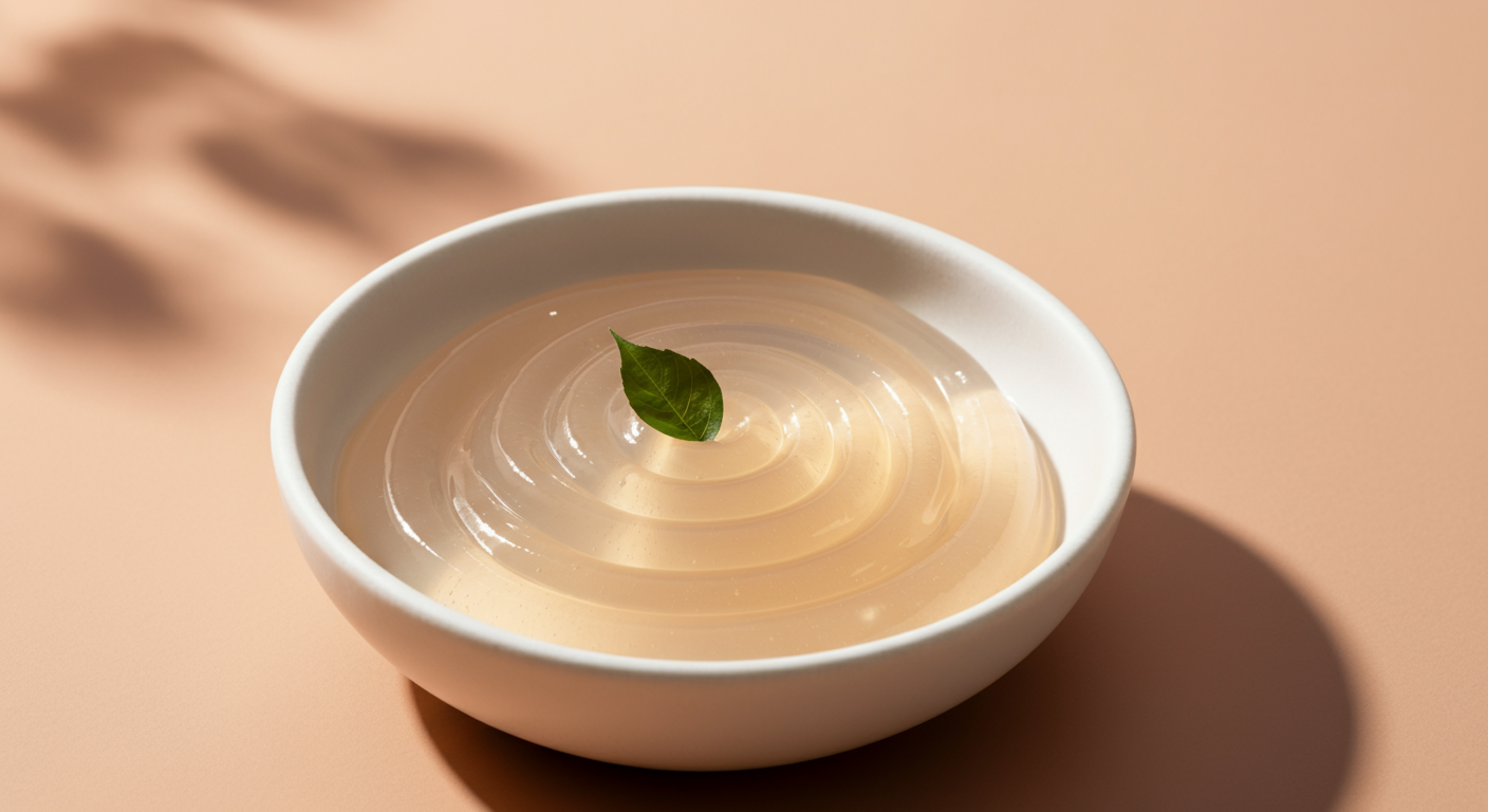 白いボウルに入った、コラーゲンをイメージした半透明でジェル状の物質の抽象的な渦巻き模様。