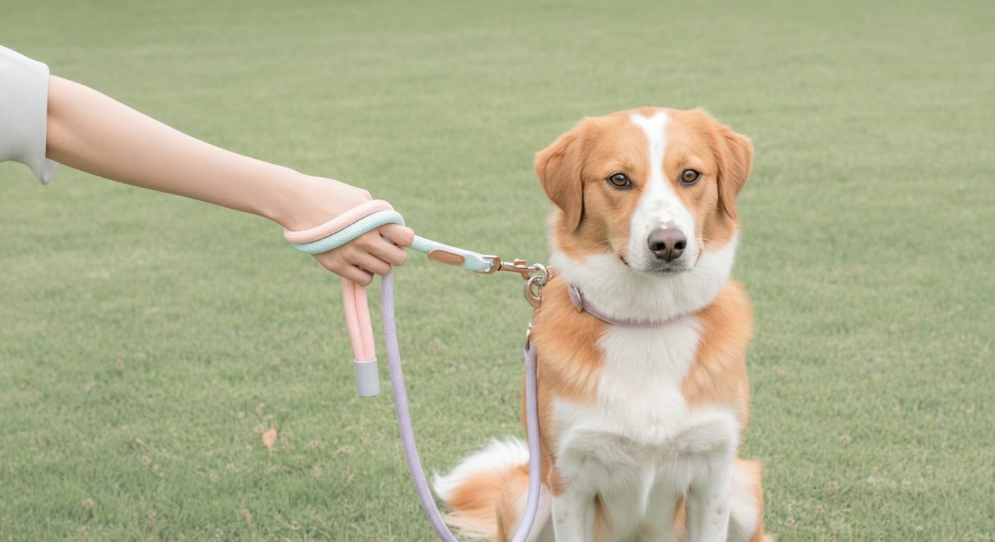 ドッグランの芝生の上で、飼い主がリードを短く持ち、その横で犬が落ち着いてお座りしている様子。