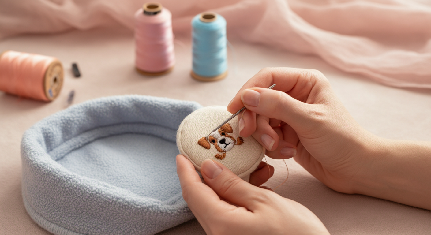 手作りのクールネックに愛犬のイニシャルを刺繍している手元。