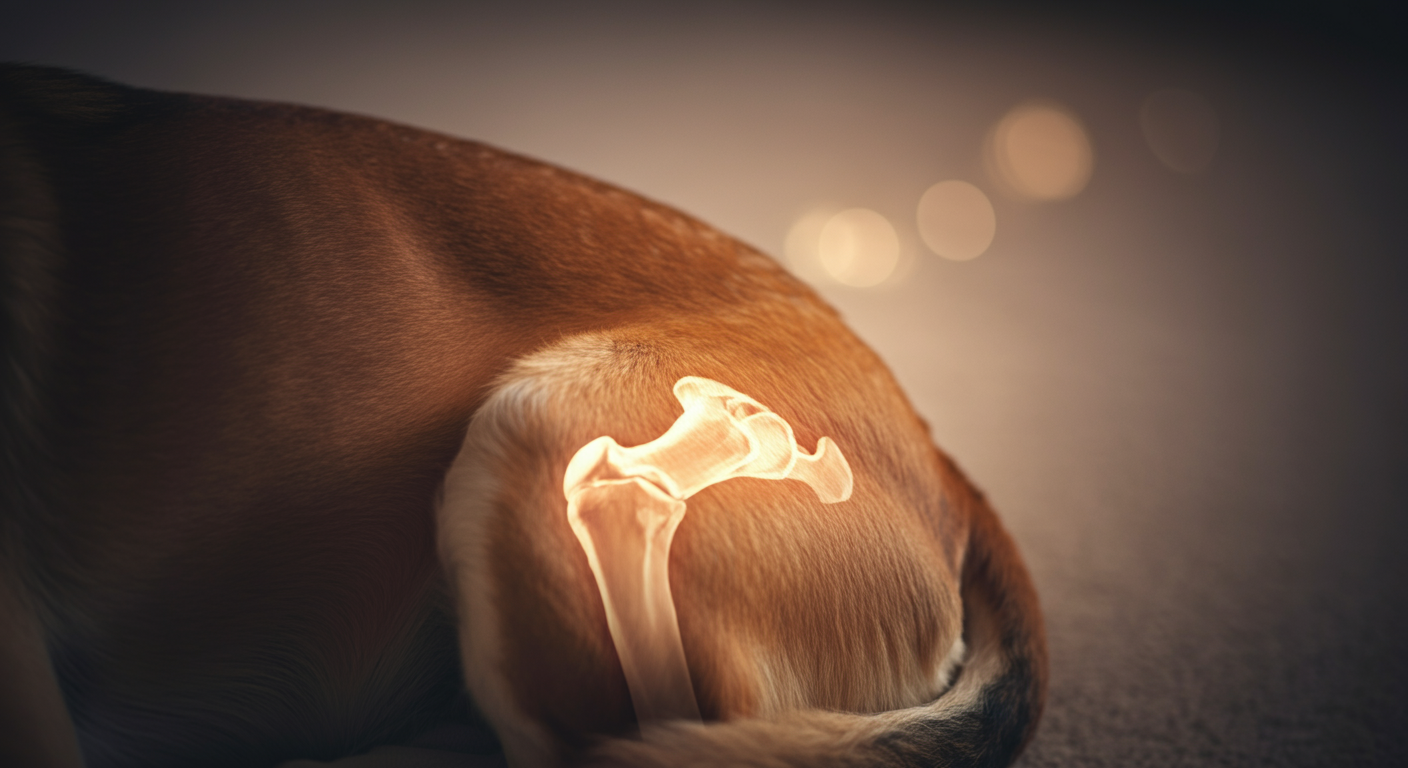 パステルカラーの柔らかい光の中で、シニア犬の股関節あたりを写した抽象的なクローズアップ写真。温かい光が優しく照らしている。