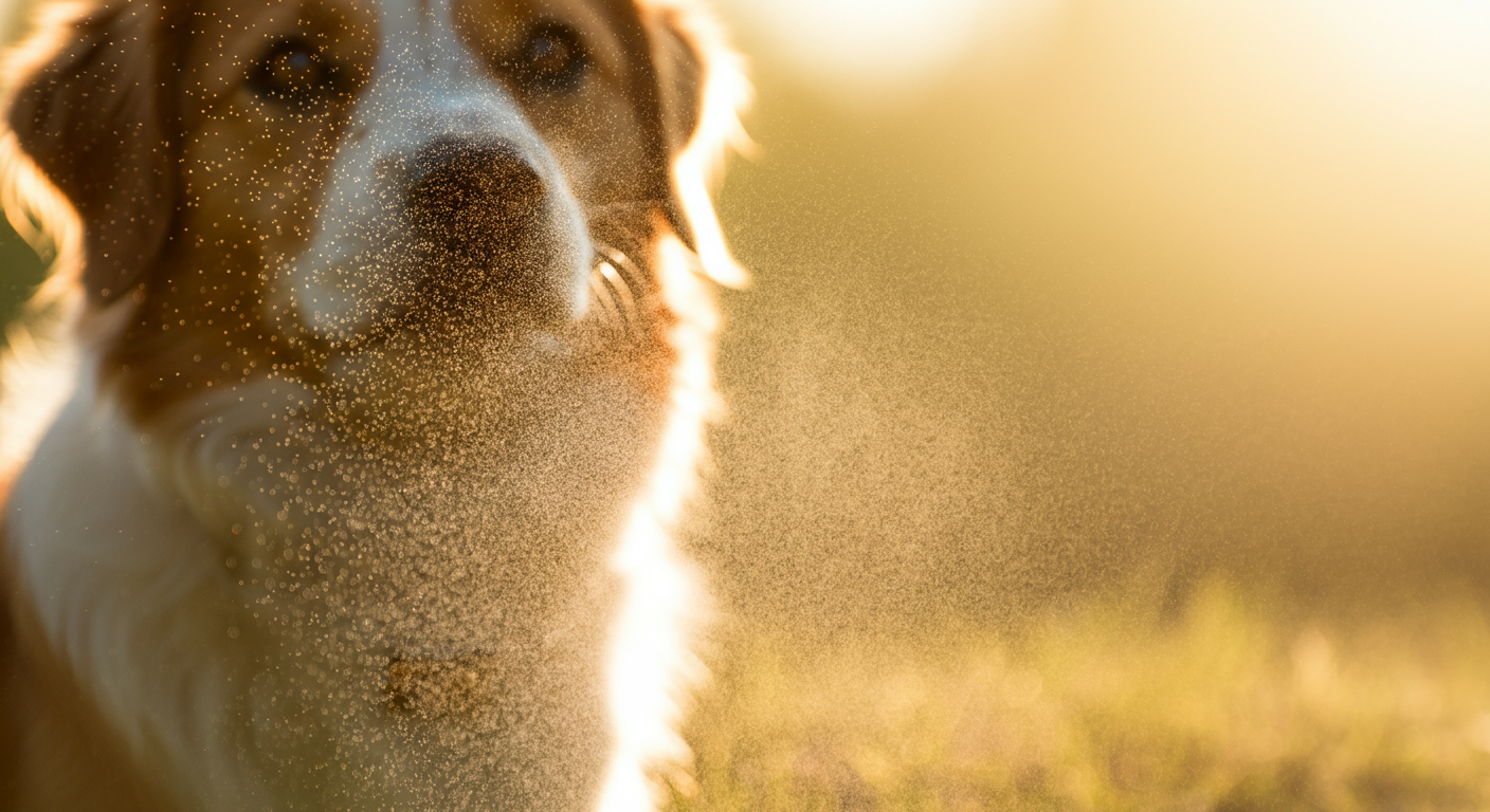 夕日に照らされてキラキラと光るスプレーの霧と、背景にぼやけて見える犬の背中のシルエット。