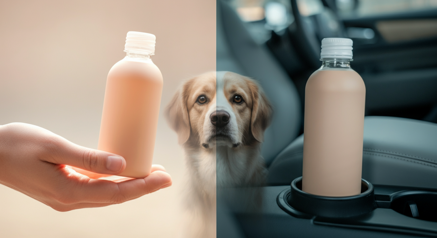 小さいボトルを持つ手と、車に置かれた大きいボトルの比較