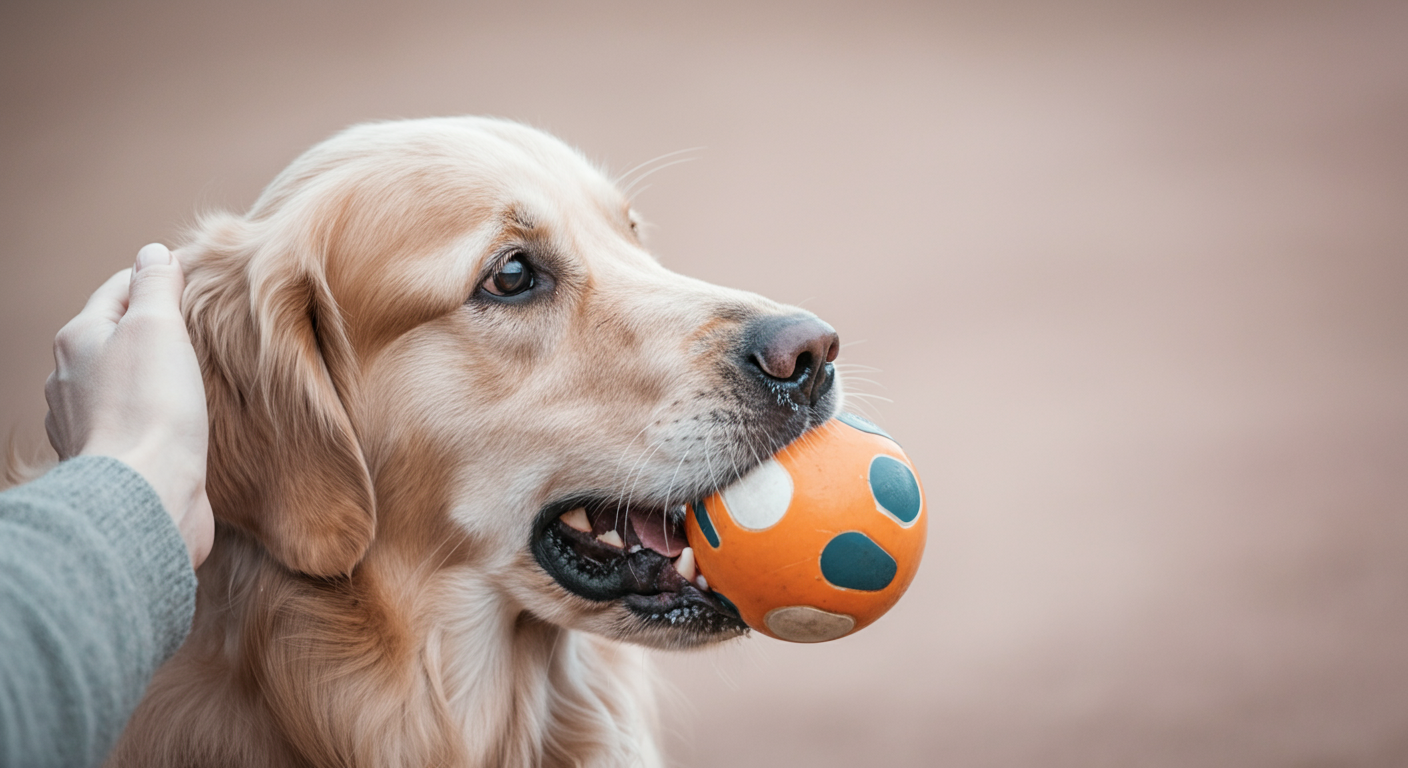 飼い主が犬の頭を撫でている、犬が安全なボールを優しく咥えている様子の心温まる写真。
