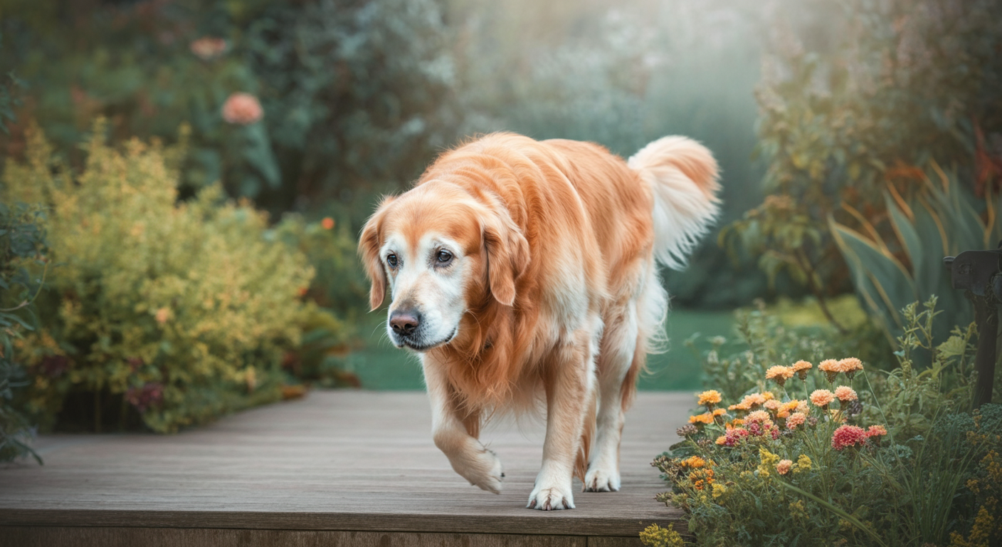 庭へ続く一段の段差を、慎重に降りているシニア犬の足元。