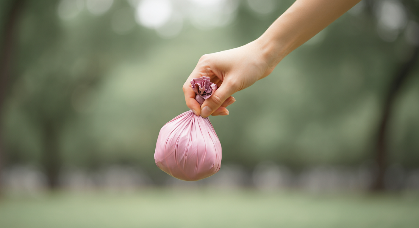 パステルピンクのうんち袋を上品に持つ手元の写真。背景は公園のように緑にぼけている。