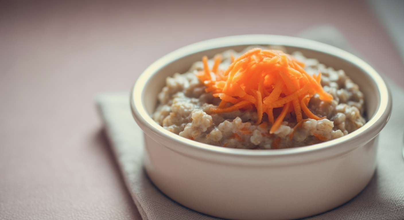 細かくすりおろした人参が入った、温かく柔らかいオートミールのマクロ写真。シニア犬にぴったりの、消化に優しそうな質感を表現している。