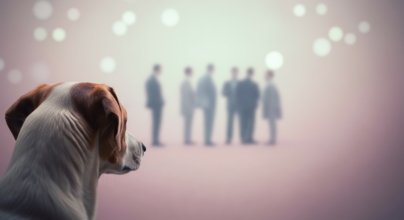 ドッグランの隅で、遠くの犬たちから距離を置いて落ち着いている犬のシルエット。