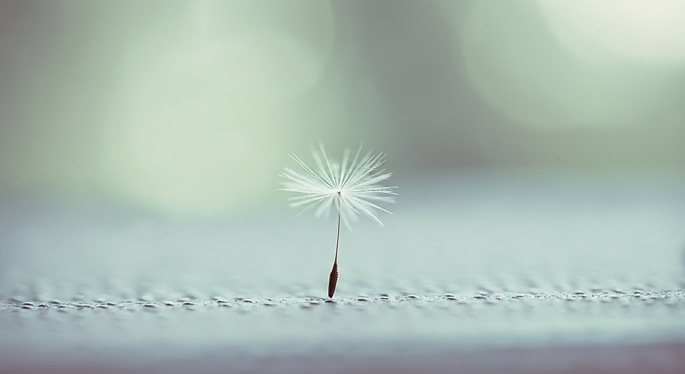 何かにしがみついている、たんぽぽの綿毛一本の繊細な写真。