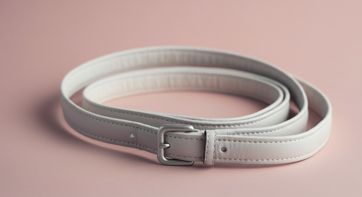 平らに置かれた、装飾のないシンプルなクールネックの抽象的な写真。マットシルバーのバックルに焦点が合っている。