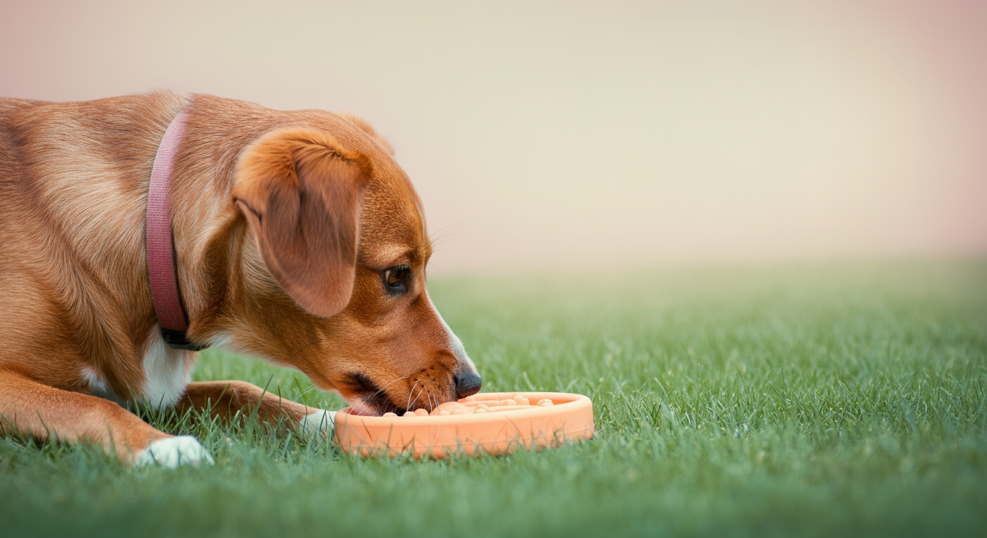 芝生の上に置かれた知育トイに鼻を近づけ、集中している一匹の犬。中におやつが隠されている。