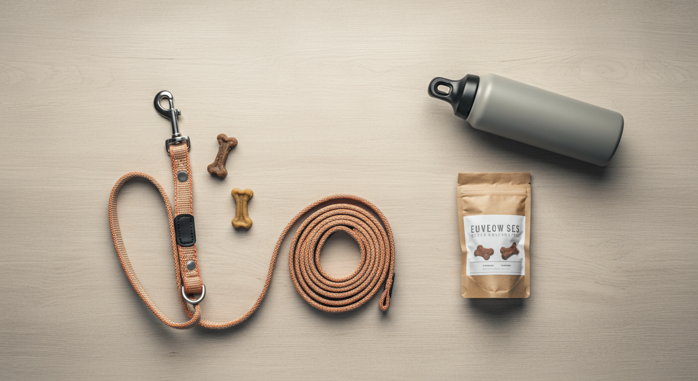 木製のテーブルの上に置かれた、短いリード、おやつの入ったポーチ、水筒といった犬の散歩用品。