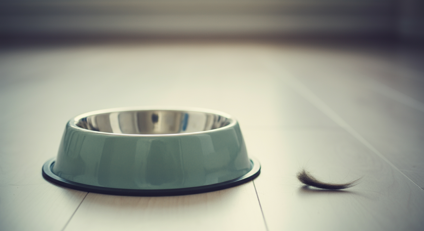 清潔な床に置かれた空のフードボウル。ミニマルで、少し物憂げな雰囲気の写真。