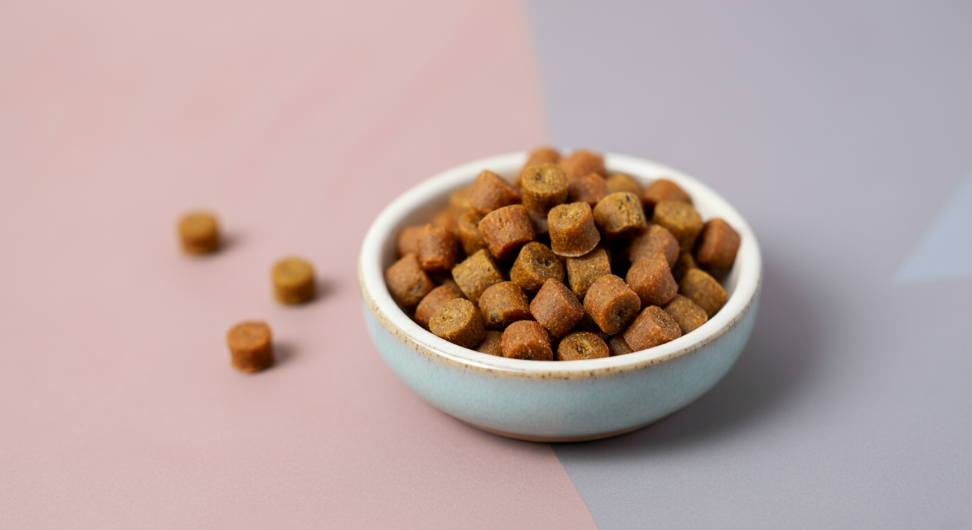 おしゃれなセラミックの器にきれいに並べられた、様々な種類の小さなドッグトリーツ。