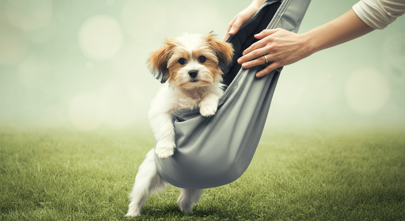 落ち着きを取り戻した小さな犬が、飼い主によってスリングから緑の芝生の上に優しく降ろされ、再び遊ぶ準備ができている様子。