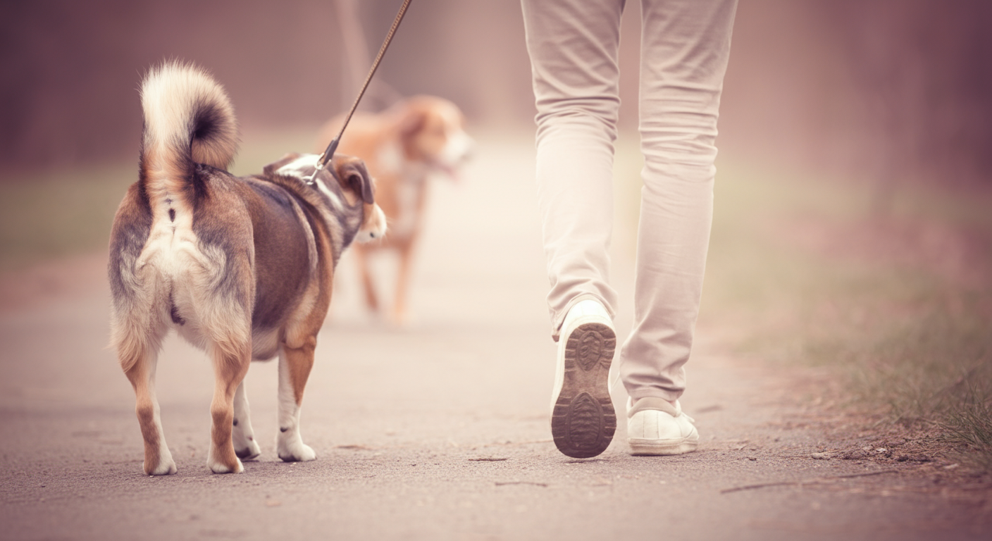 短いリードをつけた犬と飼い主が並んで歩いている足元の写真。