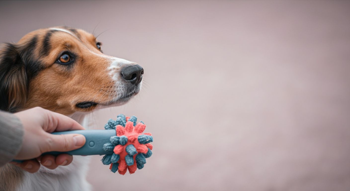 人の手が犬用のおもちゃを持っており、犬が興味深そうにそれを見ている。