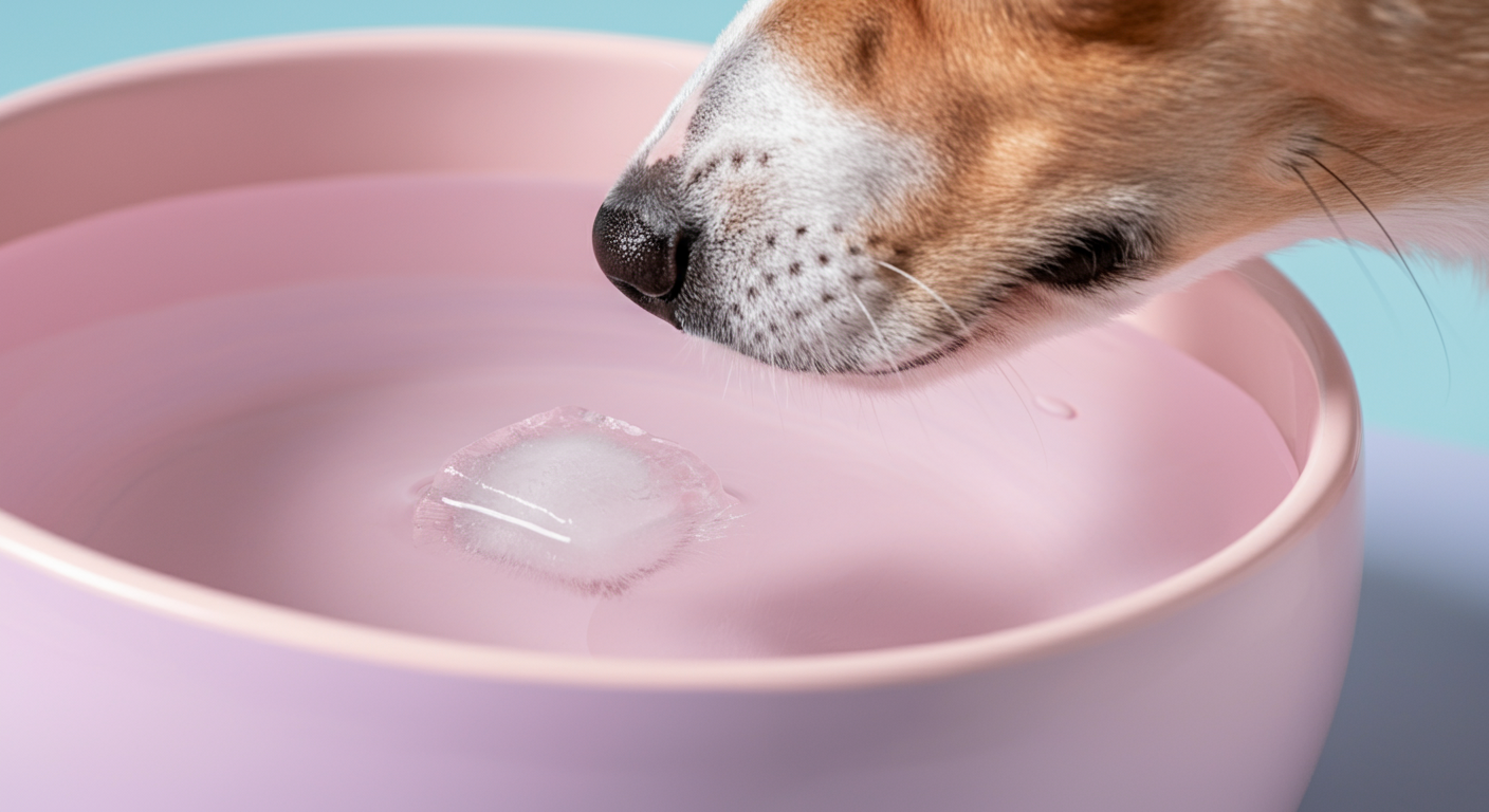 水に浮かぶ氷のかけらに、犬が興味深そうに鼻を近づけるマクロ撮影