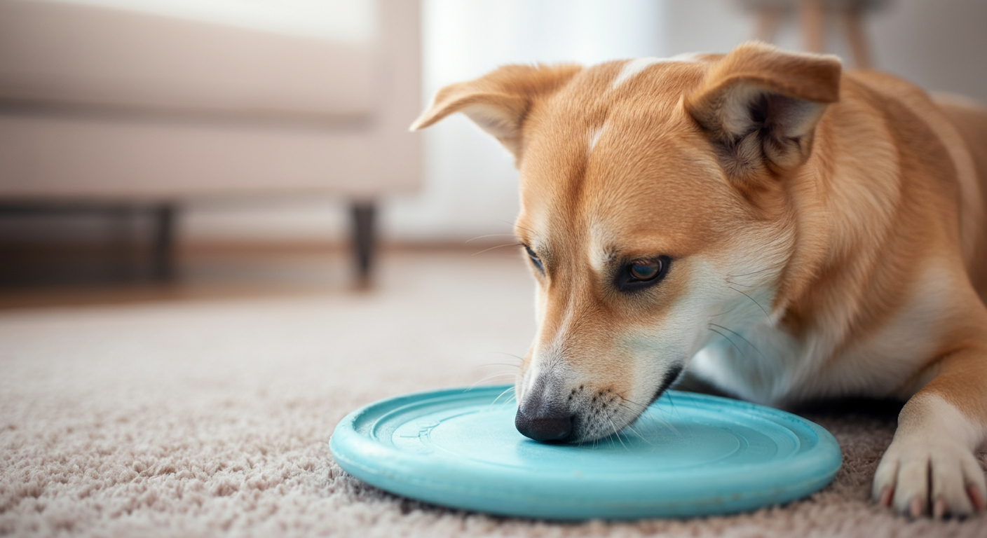 室内のラグの上で、パステルブルーのフリスビーを鼻先で優しくつついて遊んでいる犬のクローズアップ。