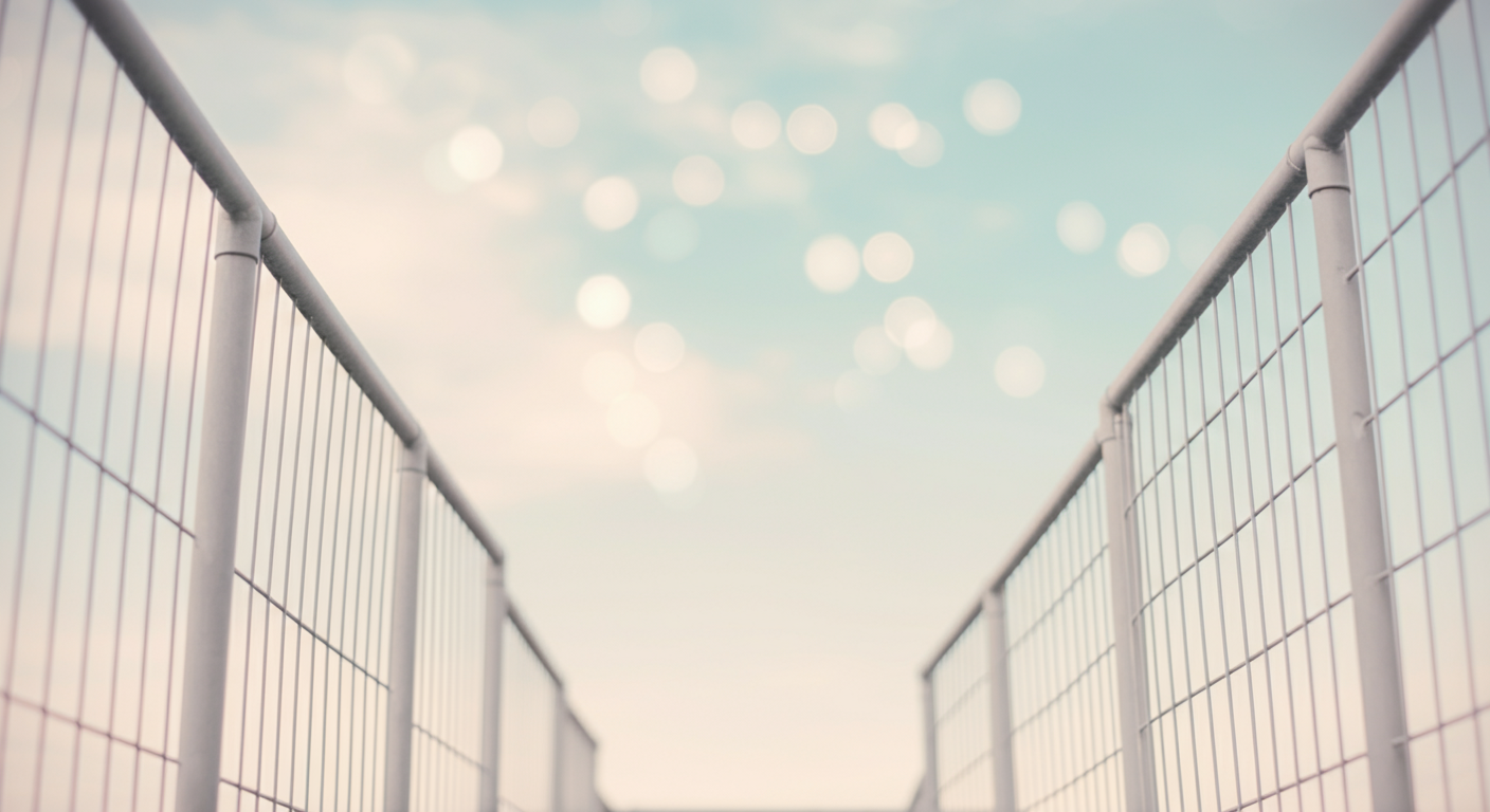 青空を背景に、ドッグランのフェンスの上部を見上げたローアングル写真。安全性を象徴している。