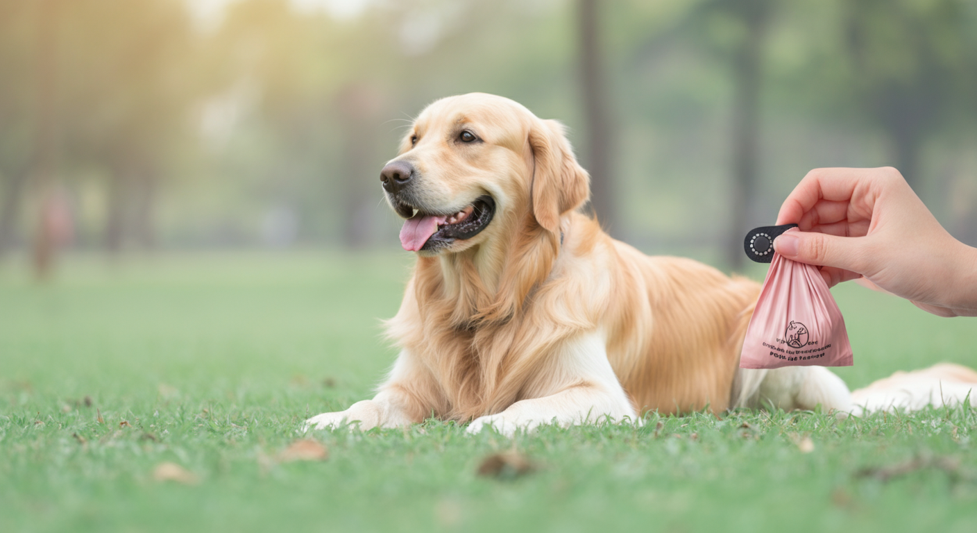 公園でゴールデンレトリバーと散歩する飼い主の手にあるパステルカラーのうんち袋。