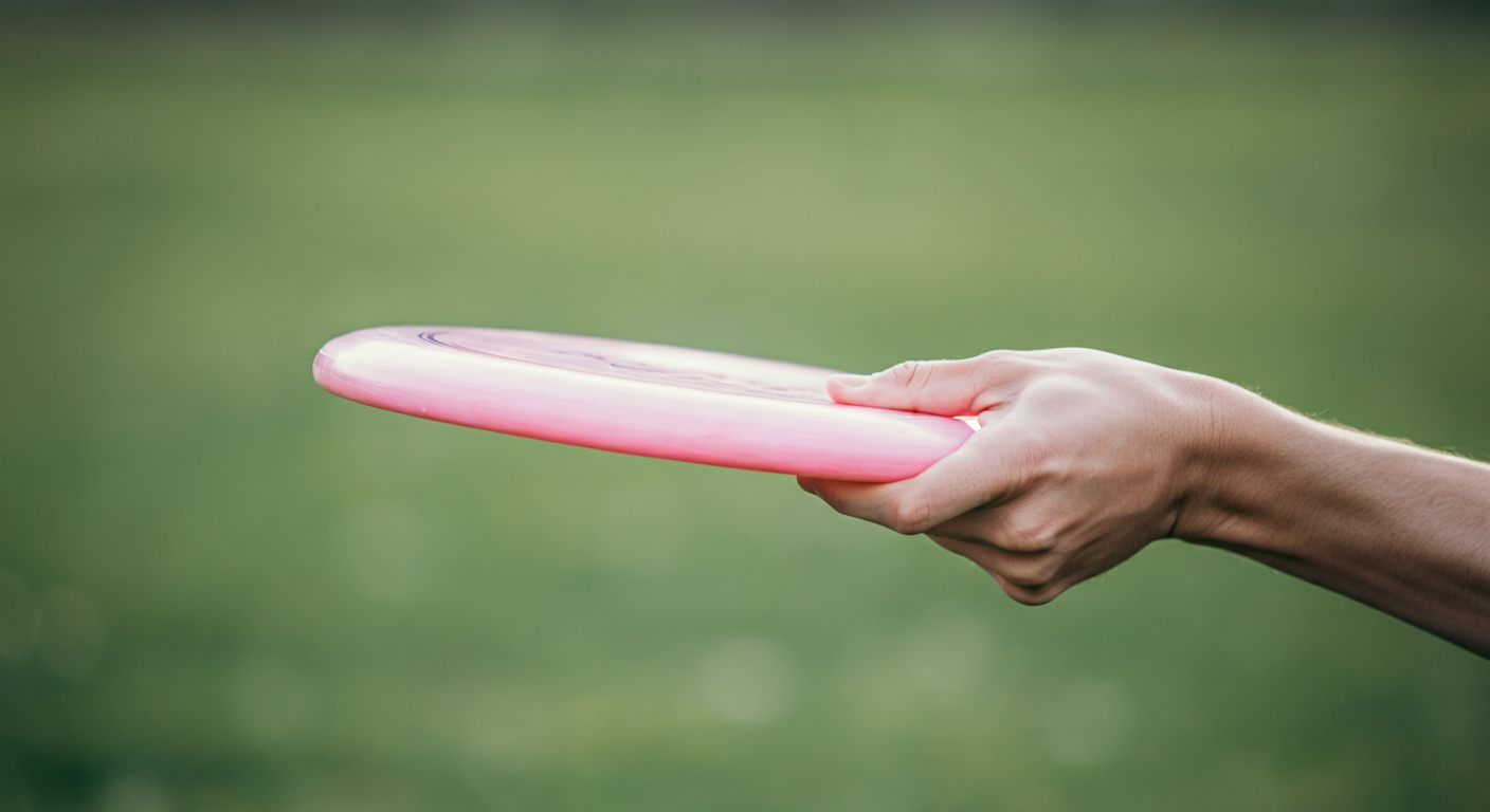 飼い主の手がフリスビーをバックハンドで握っているクローズアップ写真。正しい持ち方を示している。