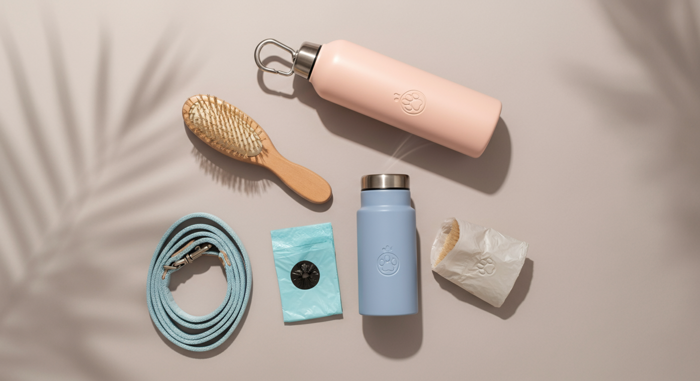 パステルカラーの背景に、犬用の水筒、リード、ブラシ、うんち袋が綺麗に並べられている。