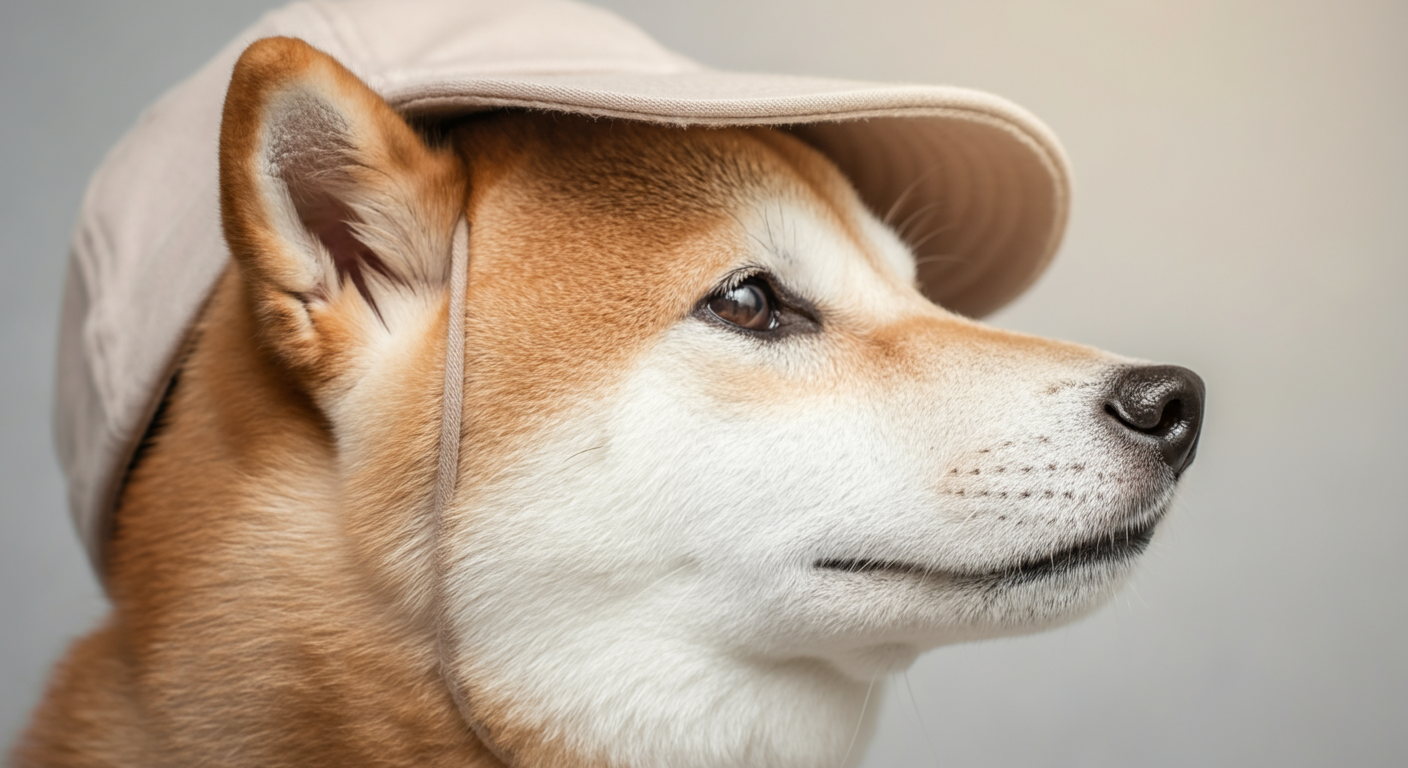 犬のあごの下で、帽子の柔らかいあご紐が快適そうに留められているクローズアップ。