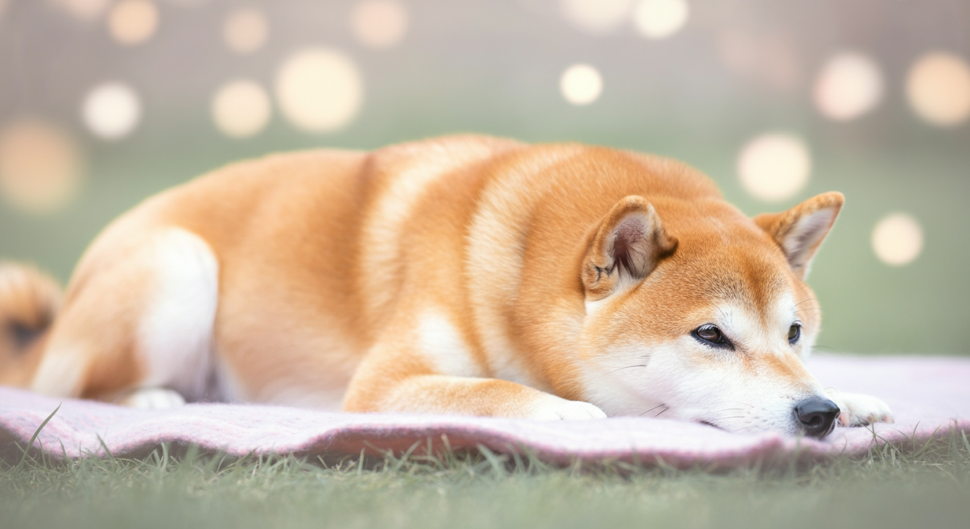 芝生の上で静かに伏せをしてリラックスしている柴犬。穏やかで平和な雰囲気。