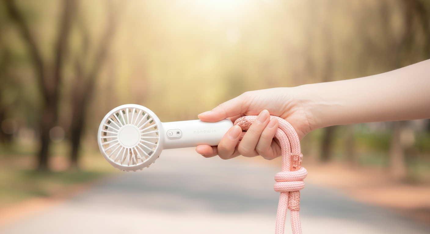 女性の手が、犬のリードと小型のハンディファンを一緒に持っている様子。