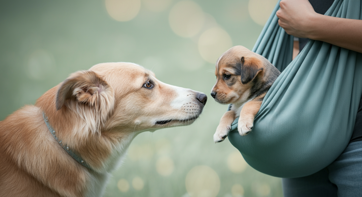 飼い主が抱えるスリングの中に安全に収まった小さな子犬の匂いを、落ち着いた大きな犬が優しく嗅いでいる、穏やかで管理された交流の様子。