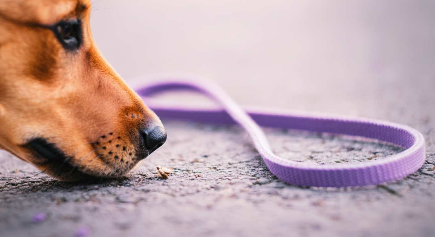 地面の匂いを嗅ぐ犬の鼻先と、背景に伸びていくラベンダー色のロングリード。