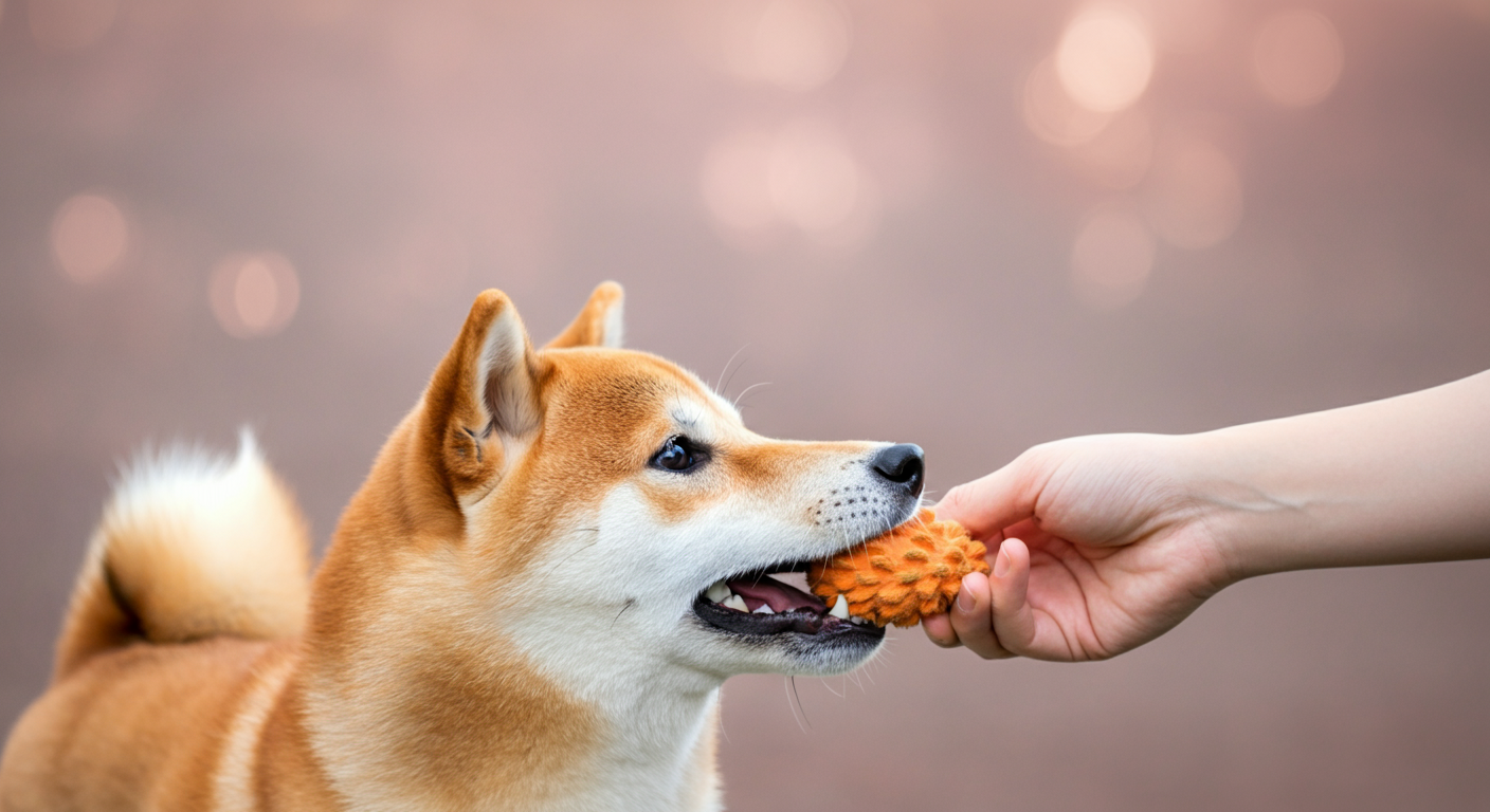 おもちゃを咥えている一匹の犬に対し、飼い主がより魅力的な特別なトリーツを見せて、平和的におもちゃを交換しようとしている。