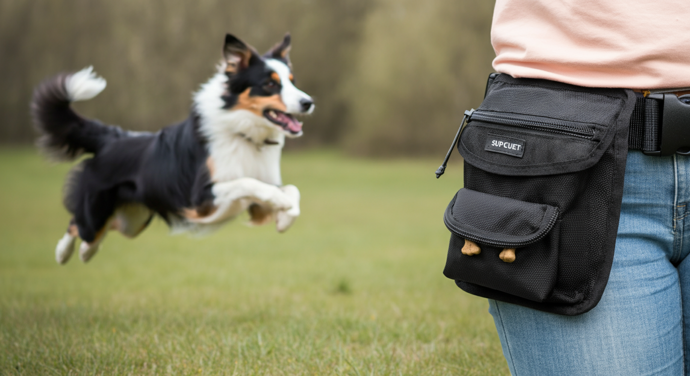 ドッグランで走る犬を背景に、しっかりと体に固定されたトリーツポーチのディテール。