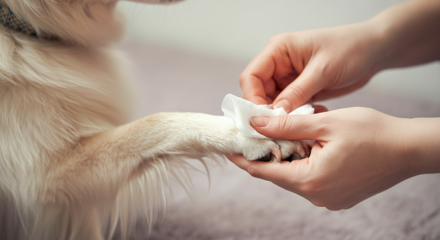 飼い主がウェットティッシュで犬の前足を優しく拭いているクローズアップ写真。