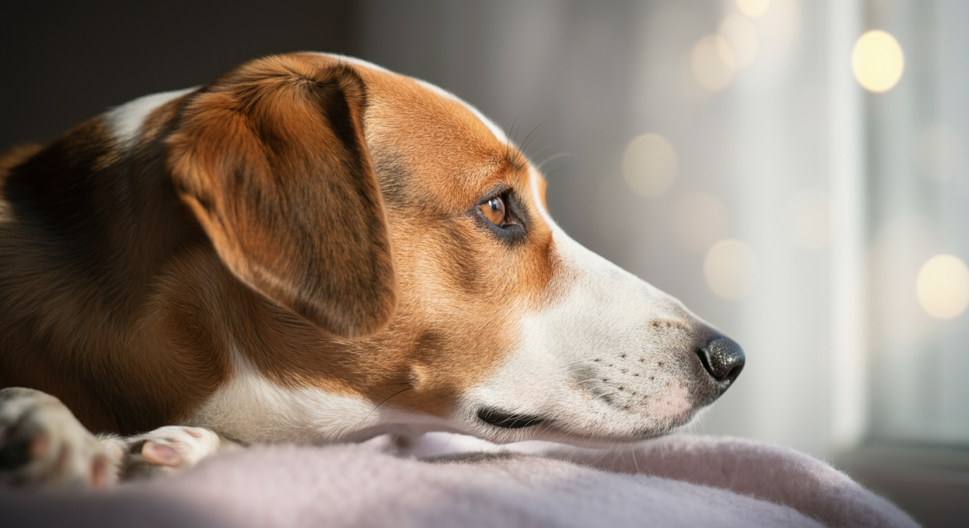 窓から差し込む光の中で、穏やかに休息する犬の横顔。