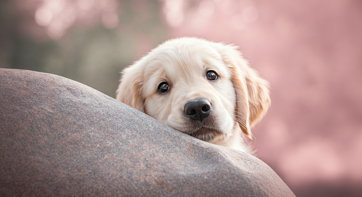 大きな岩の後ろから、ゴールデンレトリバーがひょっこり顔を出しているかくれんぼの写真。