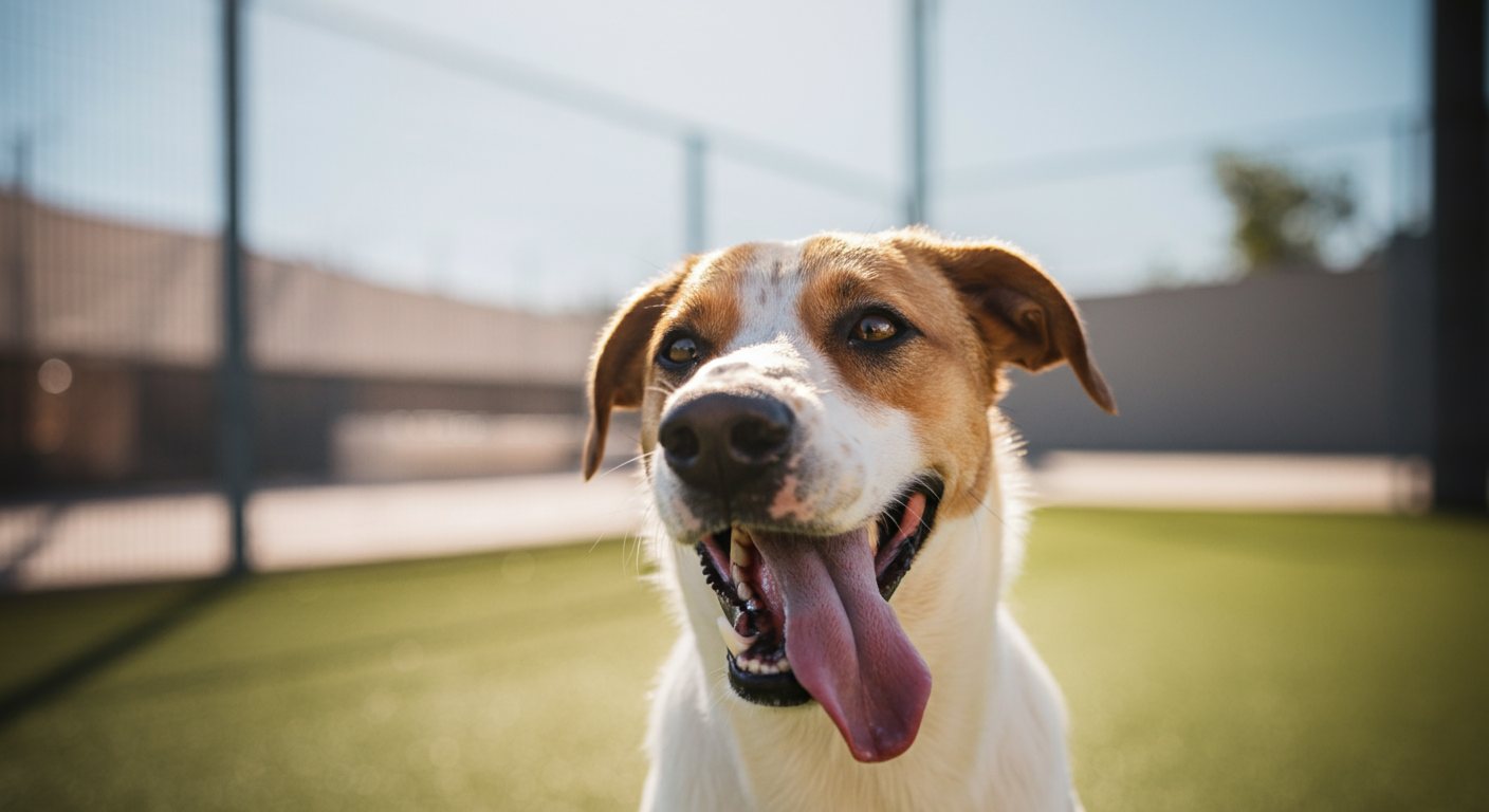 ドッグランで楽しそうに舌を出してハァハァしている犬の横顔