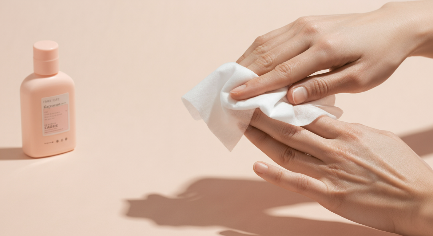 指先を清潔なウェットティッシュで拭いている手のマクロ写真。
