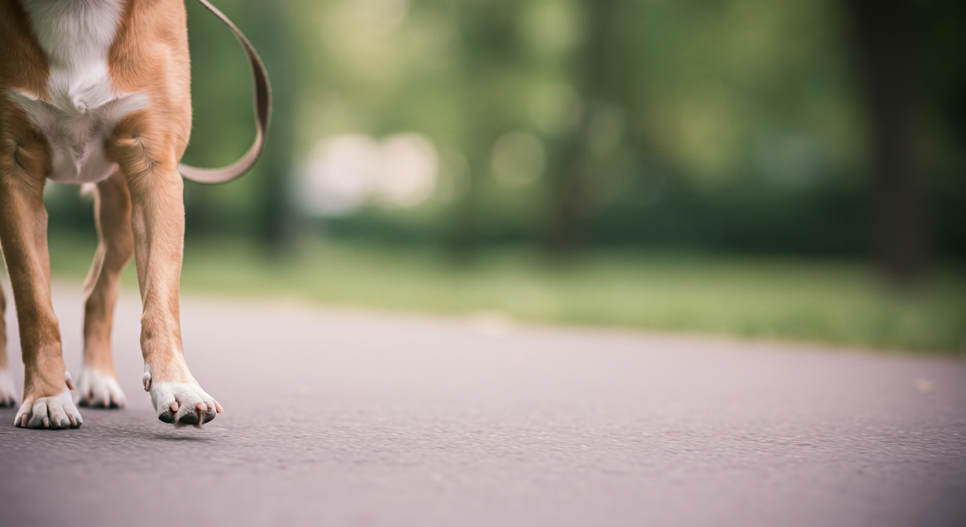 リードをつけられてアスファルトの上を落ち着いて歩いている犬の足元のクローズアップ