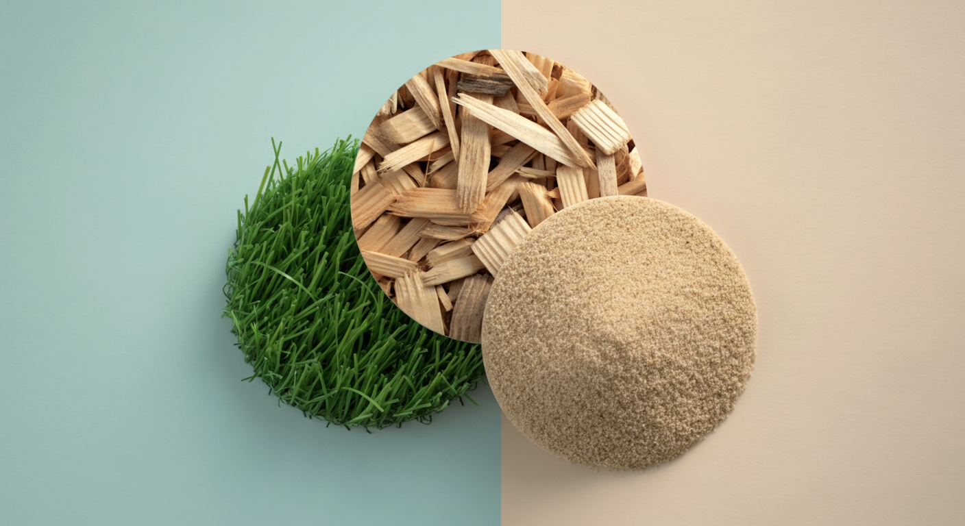 芝生、ウッドチップ、砂など、異なる地面の質感を表現した3つのパステルカラーの円が並ぶ抽象的な画像。