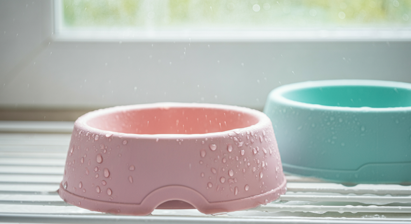洗浄後のパステルカラーのシリコンボウルが清潔な水切りラックで乾かされており、水滴がキラキラ光っている。衛生管理の重要性を示す写真。