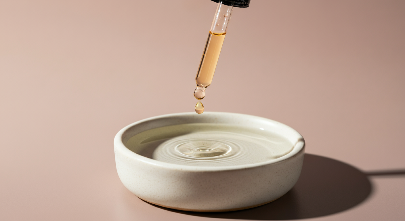 清潔なセラミックボウルにサプリメントのしずくが一滴落ち、波紋が広がっている写真。丁寧なケアと日々の健康管理を象徴している。