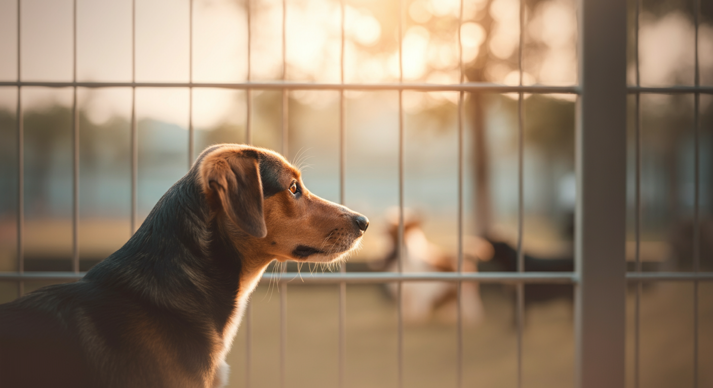 ドッグランのフェンス越しに、中の様子を少し不安そうに眺める犬の横顔の写真。